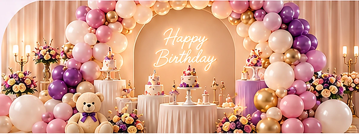 Ejemplo referencial de decoración con arco de globos para cumpleaños