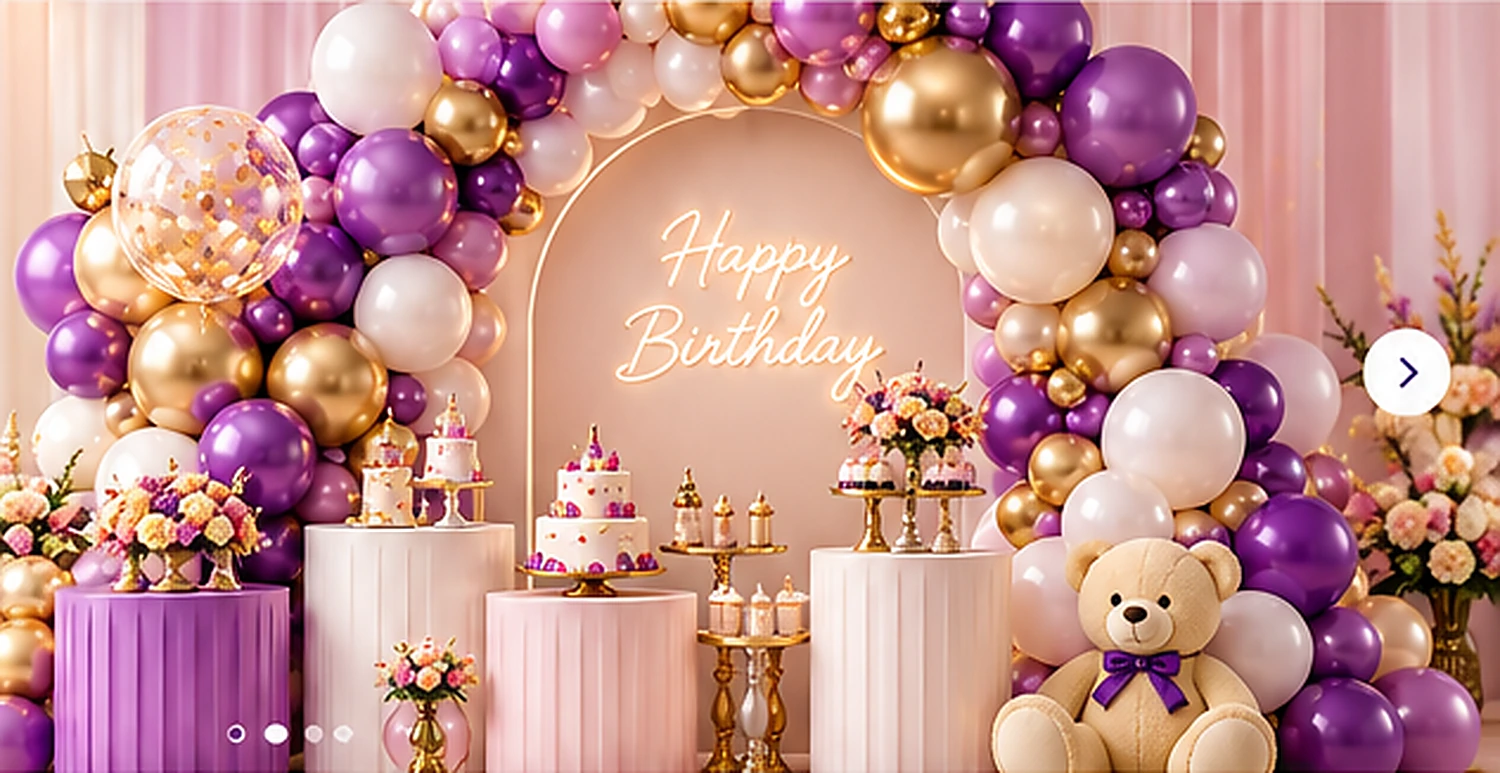 Decoración de cumpleaños con globos lilas, rosados y dorados